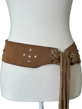 Y2K “SWS” Brown/Tan Suede Fringe Rhinestone Studded Belt